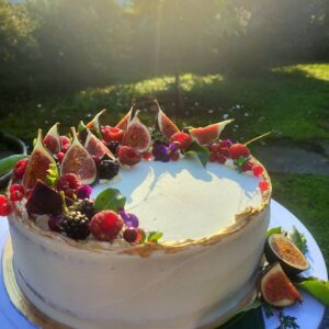 ümmargune vaarika- valge šokolaaditort suvises päikesepaistes. kaunistuseks viigimarjad, põldmarjad ja kuldnetoiduvärv