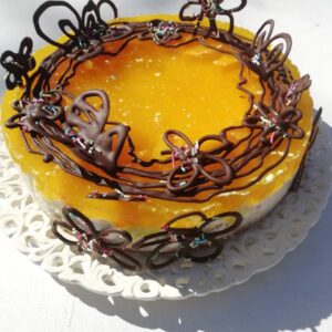 ümmargune, kollase virsiku tarretisega tort, Šokolaadist kaunistused